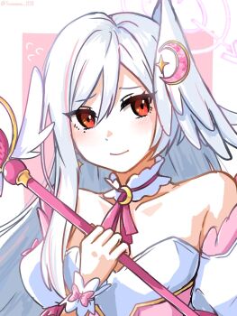 1girl averting_eyes bare_shoulders blue_archive bow bustier commentary_request crescent crescent_hair_ornament detached_collar detached_sleeves hair_between_eyes hair_ornament halo head_wings highres holding holding_wand long_hair magical_girl mole mole_under_eye multicolored_hair neck_ribbon nervous official_alternate_costume pink_bow pink_hair pink_halo portrait red_eyes ribbon single_hair_intake single_head_wing solo streaked_hair sunomono-1228 suzumi_(blue_archive) suzumi_(magical)_(blue_archive) wand white_hair wings
