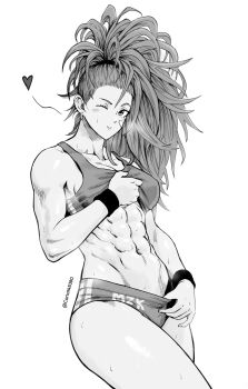 1girl ;) abs bandaid bandaid_on_cheek bandaid_on_face blush breasts buruma captain_mizuki carlx945380 closed_mouth commentary cowboy_shot earrings greyscale hand_up highres jewelry large_breasts long_hair looking_at_viewer monochrome muscular muscular_female navel one-punch_man one_eye_closed ponytail simple_background smile solo sports_bra standing sweat sweatband twitter_username wristband