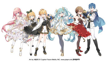 2boys 4girls aqua_eyes aqua_hair arm_tattoo black_boots black_pantyhose blonde_hair blue_cape blue_eyes blue_hair blush boots brother_and_sister brown_eyes brown_hair cape commentary_request dress full_body hair_between_eyes hair_ornament hatsune_miku highres kagamine_len kagamine_rin kaito_(vocaloid) kiya_machi long_hair looking_at_viewer megurine_luka meiko_(vocaloid) multiple_boys multiple_girls number_tattoo official_art one_eye_closed open_mouth pantyhose pink_dress pink_hair red_dress short_hair siblings simple_background smile socks strapless strapless_dress tattoo thighhighs twintails very_long_hair vocaloid white_background white_pantyhose white_socks white_thighhighs wide_sleeves