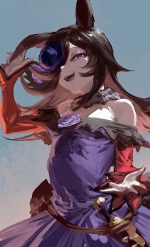 1girl animal_ears bare_shoulders blue_flower blue_hat blue_rose breasts brown_hair dagger dress flipped_hair flower fur_choker hair_over_one_eye hat hat_flower highres horse_ears horse_girl inishie_kumo knife long_hair long_sleeves looking_at_viewer off-shoulder_dress off_shoulder open_mouth purple_eyes rice_shower_(rosy_dreams)_(umamusume) rice_shower_(umamusume) rose sheath sheathed small_breasts smile solo teeth tilted_headwear umamusume upper_body upper_teeth_only weapon