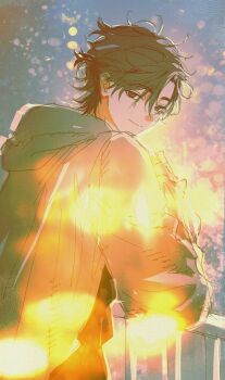 1boy against_railing alternate_costume black_eyes black_hair black_shirt blurry bokeh cheng_xiaoshi closed_mouth depth_of_field grey_jacket highres hood hood_down hooded_jacket jacket justjust_monika lens_flare light_particles light_smile long_sleeves looking_at_viewer looking_back male_focus messy_hair outdoors ponytail railing shiguang_dailiren shirt short_hair short_ponytail sketch smile solo upper_body