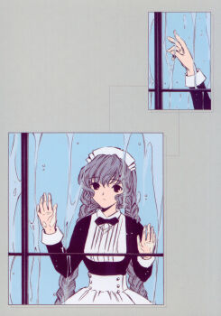 00s 1girl 2002 black_eyes blue_hair braid chobits clamp clamp_(circle) comic highres maid official_art postcard_(medium) rain silent_comic twin_braids window yuzuki_(chobits)