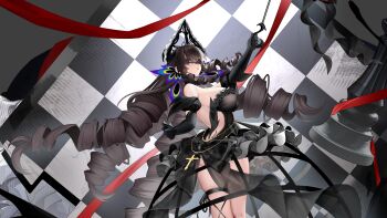 1girl absurdres artist_request black_dress black_gloves black_hair blindfold breasts chess_piece chessboard cross dress echocalypse gloves highres long_hair multiple_drills nana_(echocalypse) official_art solo