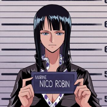 Rule 34 | 1girl, barbie (franchise), barbie (live action), barbie mugshot (meme), black dress, black hair, blue eyes, blunt bangs, breasts, character name, cleavage, closed mouth, collared shirt, dress, hashtag-only commentary, height chart, highres, holding, leather dress, light smile, looking at viewer, medium hair, meme, miuny, mugshot, nico robin, nico robin (water 7), official alternate costume, one piece, shirt, solo, upper body