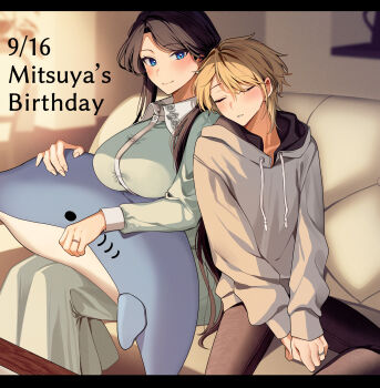 1boy 1girl asuma_mitsuya_(yunamaro) birthday black_pants blonde_hair blue_eyes blush breasts closed_eyes closed_mouth commentary_request couch dress green_dress highres hood hoodie large_breasts long_hair looking_to_the_side original pants short_hair sitting smile stuffed_animal stuffed_toy table tall_female very_long_hair yaotome_tsuyako_(yunamaro) yunamaro