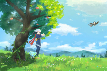 Rule 34 | 1girl, akari (pokemon), black hair, cloud, commentary request, day, fuji sora, gen 4 pokemon, grass, headscarf, jacket, long hair, long sleeves, nintendo, outdoors, pantyhose, plant, pokemon, pokemon (creature), pokemon legends: arceus, red scarf, scarf, shinx, skirt, sky, standing, starly, tree, vines