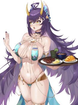 1girl ahoge bare_shoulders bikini blue_bikini bowl breasts cahryos cleavage cup fang food gold_bikini gold_horns holding holding_plate horns huge_breasts indie_virtual_youtuber large_breasts long_hair navel oni onigiri_(vtuber) open_mouth plate purple_hair purple_nails sideboob skin_fang soup steak stomach swimsuit thick_thighs thighs tray virtual_youtuber yellow_eyes yellow_horns