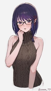 1girl bare_arms bare_shoulders black-framed_eyewear blush braid breasts brown_sweater cable_knit commission cropped_torso glasses hair_ribbon hand_up highres long_hair looking_at_viewer medium_breasts noa_(mikeyymc) open_mouth original pointy_ears purple_eyes purple_hair ribbed_sweater ribbon semi-rimless_eyewear simple_background skeb_commission sleeveless sleeveless_sweater sleeveless_turtleneck smile solo sooon sweater turtleneck white_background
