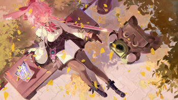 1girl absurdres animal_ears black_gloves black_pantyhose book boots bow bowtie breasts camera chinese_commentary closed_mouth commentary_request evanescia_(honkai:_star_rail) fox_ears from_above full_body gloves gun hair_between_eyes hair_bow highres holding holding_weapon honkai:_star_rail honkai_(series) leaf long_hair long_sleeves looking_at_viewer outdoors pantyhose pink_eyes pink_hair purple_eyes shirt sitting smile solo sword weapon white_shirt ye_xing_caomei