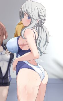 2girls alice_gear_aegis armpit_crease artist_name ass blue_eyes blue_one-piece_swimsuit blurry blurry_background braid breasts character_request commentary_request from_side grey_background grey_hair highres kondou_chieri large_breasts long_hair looking_at_viewer multiple_girls one-piece_swimsuit ponytail scar seseragi_(star4rats) sideboob sideways_glance solo_focus swimsuit twitter_username