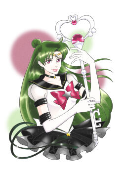 absurdres bishoujo_senshi_sailor_moon bishoujo_senshi_sailor_moon_stars black_choker black_sailor_collar black_skirt bow bowtie choker deep_aqua_mirror elbow_gloves eternal_tiare garnet_rod gloves green_hair hair_bun highres long_hair meiou_setsuna red_bow red_bowtie sailor_collar sailor_pluto sailor_senshi_uniform silence_glaive single_hair_bun skirt star_(symbol) star_choker super_sailor_pluto_(stars) wheather white_gloves