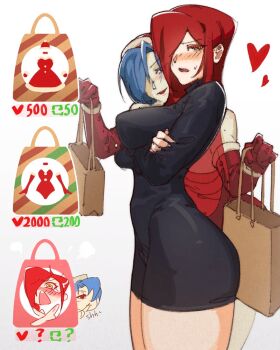 2girls alternate_costume bag blue_hair blush breasts bubene cowboy_shot crossed_arms dress elbow_gloves gloves hair_over_one_eye hat heart large_breasts long_hair looking_at_viewer multiple_girls paper_bag parasoul_(skullgirls) red_hair santa_costume santa_dress santa_hat shopping_bag skirt skullgirls smile sweatdrop sweater turtleneck turtleneck_sweater twitter_strip_game valentine_(skullgirls) wavy_mouth white_background yuri
