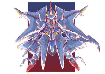 beam_cannon beam_rifle commentary_request dusk earth_federation energy_gun flying gradient_background gundam gundam:_hathaway's_flash highres mecha mecha_focus mobile_suit no_humans odysseus_gundam penelope_(hathaway's_flash) robot science_fiction shield sketch taiga_hiroyuki v-fin weapon