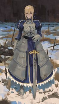 1girl absurdres ahoge armor armored_boots artoria_pendragon_(fate) blonde_hair blue_dress blue_ribbon boots braid braided_bun breastplate bukito closed_eyes closed_mouth commentary dress english_commentary excalibur_(fate/stay_night) fate/stay_night fate_(series) faulds full_body gauntlets grass grey_armor hair_between_eyes hair_bun hair_ribbon hand_up highres holding holding_sword holding_weapon juliet_sleeves long_dress long_sleeves outdoors puffy_sleeves ribbon saber_(fate) shadow short_hair sidelocks snow solo standing sword weapon winter