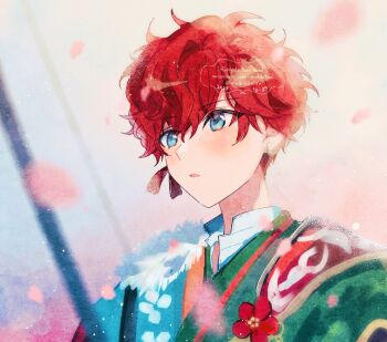 1boy amagi_hiiro blue_eyes commentary_request earrings ensemble_stars! floral_print highres japanese_clothes jewelry male_focus mugimamire parted_lips red_hair short_hair solo upper_body watermark