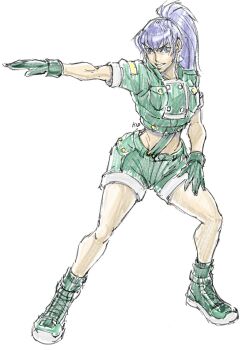 1girl blue_eyes blue_hair boots breasts curvy female_focus hidpict huge_breasts large_breasts leona_heidern long_hair looking_at_viewer military pale_skin ponytail shoes standing the_king_of_fighters thick_thighs thighs wide_hips