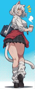 1girl 2025 ai-assisted alternate_costume animal_ear_fluff animal_ears ass bag black_necktie black_shoes black_skirt braid breasts capcom cat_ears cat_girl cat_tail clothes_around_waist coffee_mug commentary cup eyebrows_hidden_by_hair female_focus from_behind full_body grin holding holding_bag inakamonor kirin kneepits large_breasts long_image long_sleeves looking_at_viewer loose_socks medium_hair monster_hunter_(series) mug necktie notice_lines outline patterned_background pink_lips plated_skirt polka_dot polka_dot_background red_sweater school_uniform shadow shirt shoes sideboob simple_background skirt slit_pupils smile socks solo striped_necktie sweater sweater_around_waist symbol-only_commentary tail tall_image thick_thighs thighs walking white_background white_hair white_shirt white_socks yellow_eyes yellow_necktie