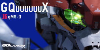 Rule 34 | 3d, blender (medium), blurry, blurry background, character name, clip studio paint (medium), commentary, english commentary, exposed internal machinery, glowing, glowing eyes, gquuuuuux, green eyes, gundam, gundam gquuuuuux, highres, krypppp, lens flare, logo, looking at viewer, mecha, mecha focus, mobile suit, no humans, portrait, realistic, robot, science fiction, title, upper body, v-fin