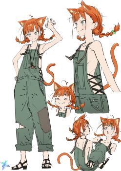 1girl ^_^ absurdres animal_ears black_sandals braid breasts cat_ears cat_girl cat_tail closed_eyes closed_mouth fang freckles full_body green_overalls grey_eyes highres looking_at_viewer looking_back makicha_(sasurainopink) making-of_available mole multiple_views open_mouth orange_hair original overalls sandals simple_background sitting small_breasts smile standing tail twin_braids white_background