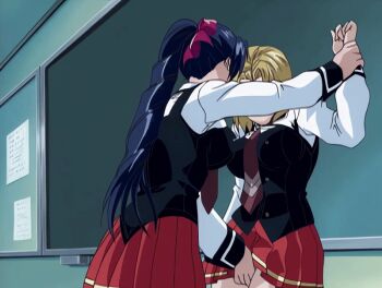 00s 2002 2girls against_wall animated animated_gif bible_black bible_black_gaiden black_board black_thighhighs blonde_hair chalkboard classroom closed_eyes clothes_lift drill_hair drill_ponytail fingering forced hair_ribbon kitami_reika kozono_nami legs lipstick makeup multiple_girls necktie ponytail purple_hair red_skirt ribbon school school_uniform short_hair skirt skirt_lift suspenders tagme thighhighs yuri