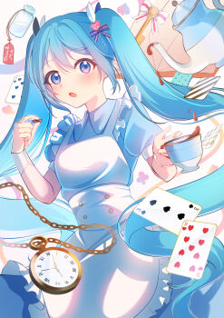 1girl alice&#039;s_adventures_in_wonderland apron aqua_dress aqua_eyes aqua_hair card chocolate cup dress food frilled_apron frills hair_between_eyes hair_ornament hair_ribbon hatsune_miku highres holding holding_chocolate holding_cup holding_food key long_hair looking_at_viewer maid_apron open_mouth pocket_watch ribbon roman_numeral short_sleeves solo teacup teapot twintails very_long_hair vocaloid watch white_apron yomomo14