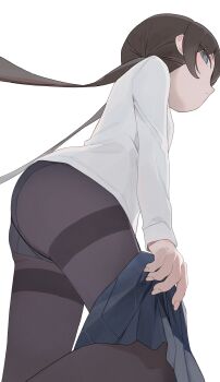 1girl ass black_pantyhose blue_eyes blue_skirt brown_hair clothes_pull from_below highres hiroki_(yyqw7151) loli long_hair long_sleeves low_twintails miniskirt original panties panties_under_pantyhose pantyhose pleated_skirt shirt simple_background skirt skirt_around_one_leg skirt_pull solo thighband_pantyhose twintails underwear undressing white_background white_shirt