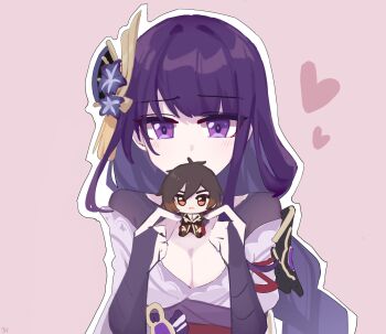 Rule 34 | 1girl, armor, blue pupils, blunt bangs, braid, breasts, bridal gauntlets, c520gpss, character doll, chibigurumi, chinese commentary, cleavage, clothing cutout, commentary request, doll, embarrassed, genshin impact, hair ornament, highres, holding, holding stuffed toy, japanese clothes, kimono, large breasts, light blush, multicolored eyes, multicolored hair, off shoulder, pink background, purple eyes, purple kimono, raiden shogun, red sash, sash, shade, shoulder armor, shoulder cutout, solo, streaked hair, stuffed animal, stuffed toy, upper body, zhongli (genshin impact)