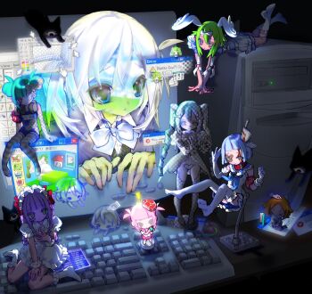 ! >_< 6+girls :3 :o animal_collar asymmetrical_hair bandage_over_one_eye bandaid bandaid_on_face black_eyes blue_eyes blue_hair blue_neckerchief blue_skirt blunt_bangs blush_stickers bow bowtie brown_eyes cat clenched_hand closed_eyes closed_mouth collar computer computer_keyboard computer_tower creature crt cursor cyclops deformed dot_nose dress drill_hair empty_eyes english_text expressionless feet_up figure floating food food_on_head frilled_collar frilled_dress frills green_hair hair_between_eyes hair_bow hair_flaps hair_ribbon half-closed_eyes hand_on_own_chest hand_on_own_thigh hand_up hands_up head_tilt headphones headphones_around_neck highres injury kitchen_knife kneehighs kneeling knife knife_in_head leg_up long_hair looking_at_viewer lying maid maid_headdress meat medium_hair microsoft_windows mini_person minigirl missing_texture_(source) monitor multiple_girls navel neckerchief no_pants no_shoes object_on_head object_through_head on_stomach one-eyed one-piece_swimsuit orange_hair original outstretched_arms parted_bangs pink_hair pink_skirt planted planted_knife planted_weapon pointing ponytail puffy_short_sleeves puffy_sleeves purple_hair raised_eyebrows red_ribbon ribbon school_swimsuit screen_light shaded_face shadow shirt short_hair short_ponytail short_sleeves sidelocks single_sidelock sitting skirt smile socks standing sticky_note susushi_11 swimsuit tareme thighhighs through_medium through_screen transparent twin_drills two_side_up very_long_hair wariza weapon white_bow white_dress white_footwear white_hair white_shirt white_socks window_(computing) x_(symbol)