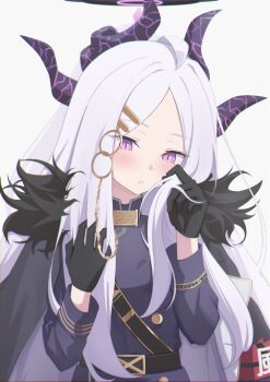 1girl ahoge belt black_belt black_coat black_gloves black_halo blue_archive blush breasts coat coat_on_shoulders demon_girl demon_horns gloves halo highres hina_(blue_archive) horns long_hair looking_at_viewer ponono_desu purple_eyes simple_background small_breasts solo upper_body very_long_hair white_background white_hair