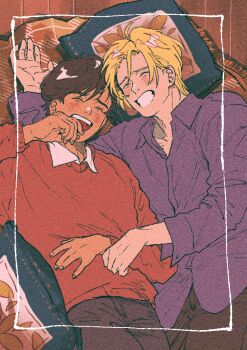 2boys ash_lynx banana_fish blonde_hair blush closed_eyes collared_shirt commentary_request grin hana_(dkrnn) happy long_sleeves lying male_focus multiple_boys okumura_eiji on_back on_bed open_mouth purple_shirt shirt short_hair smile sweater teeth