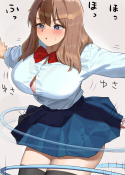 1girl black_thighhighs blue_eyes blue_shirt blue_skirt blush bow bowtie breasts brown_hair button_gap commentary_request grey_background kaisen_chuui large_breasts medium_hair original panties red_bow red_bowtie school_uniform shirt side-tie_panties simple_background skirt solo thighhighs underwear zettai_ryouiki