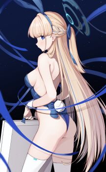 1girl absurdres animal_ears ass blonde_hair blue_archive blue_hairband blue_halo blue_leotard braid fake_animal_ears fake_tail from_side hairband half_up_braid halo highleg highleg_leotard highres holding holding_suitcase jing_(947728534) leotard long_hair looking_at_viewer playboy_bunny rabbit_ears rabbit_tail strapless strapless_leotard suitcase tail thighhighs toki_(blue_archive) toki_(bunny)_(blue_archive) white_thighhighs white_wrist_cuffs wrist_cuffs