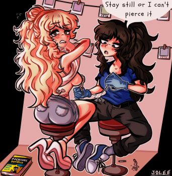 2girls blonde_hair breasts cigarette class_of_09 clothes_lift earrings english_text forceps half_updo highres holding holding_needle hoop_earrings jecka_(class_of_09) jewelry joboqs long_hair looking_at_viewer medium_breasts multiple_girls needle nervous nicole_(class_of_09) shirt_lift sideboob speech_bubble tattoo