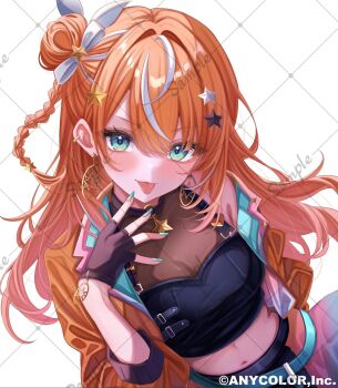 1girl black_gloves closed_mouth commentary_request earrings fingerless_gloves gloves hand_up highres igarashi_rika jacket jewelry long_hair long_sleeves looking_at_viewer midriff multicolored_hair navel nijisanji official_art open_clothes open_jacket orange_hair sa-ya2 sample_watermark simple_background skirt smile solo streaked_hair tongue tongue_out upper_body virtual_youtuber watermark white_background white_hair