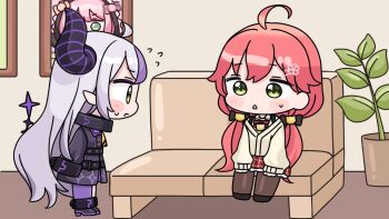 Rule 34 | 2girls, ahoge, black boots, black bow, black dress, black shoes, blush stickers, boots, bow, braid, braided bangs, brown jacket, brown pantyhose, chibi, collared shirt, couch, demon horns, dress, flying sweatdrops, green eyes, grey hair, hair bow, hololive, horns, indoors, jacket, la+ darknesss, la+ darknesss (1st costume), long hair, long sleeves, low twintails, mochimiko, multicolored hair, multiple girls, on couch, pantyhose, parted lips, pink hair, plaid clothes, plaid skirt, plant, potted plant, puffy long sleeves, puffy sleeves, purple hair, purple thighhighs, red skirt, sakura miko, shirt, shoes, single thighhigh, sitting, skirt, small sweatdrop, standing, streaked hair, sweat, thighhighs, thighhighs under boots, twintails, very long hair, virtual youtuber, white shirt