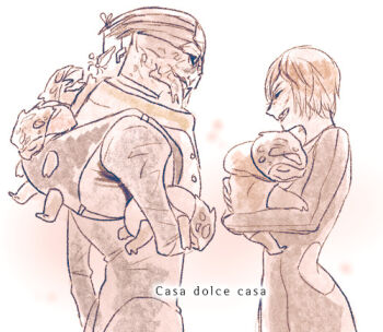 agatemano alien baby baby_carry carrying commander_shepard commander_shepard_(female) family garrus_vakarian greyscale krogan mass_effect_(series) monochrome tumblr turian white_background