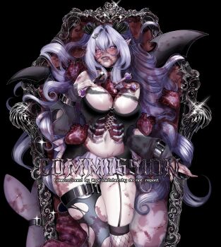 1girl belt blood blood_in_hair bloodshot_eyes body_horror bra commentary detached_sleeves english_commentary exposed_bone fangs feet_out_of_frame fishnet_thighhighs fishnets grin guro hands_on_own_chest heart_(organ) heterochromia highres holding holding_knife hole_in_chest hole_on_body impaled knife long_hair looking_at_viewer monster_girl original panties pantyhose pointy_ears purple_eyes purple_hair red_eyes ribs sacrilaig smile solo stitched_chest thigh_belt thigh_strap thighhighs thighs throne torn_clothes torn_pantyhose twisted_torso underwear very_long_hair wrist_belt