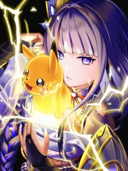 1girl arm_up armor between_breasts black_background blue_pupils blunt_bangs braid breasts bridal_gauntlets closed_mouth clothing_cutout commentary_request creature crossover electricity friends from_side gen_1_pokemon genshin_impact glowing gradient_hair hair_ornament happy human_scabbard japanese_armor japanese_clothes kimono large_breasts long_braid long_hair looking_at_viewer looking_to_the_side mitsudomoe_(shape) mole mole_under_eye multicolored_eyes multicolored_hair neck_ribbon nintendo off_shoulder open_mouth parody pikachu pink_lips pokemon pokemon_(creature) powering_up pulling purple_eyes purple_hair purple_kimono purple_nails raiden_shogun red_ribbon red_sash ribbon sash shade shoulder_armor shoulder_cutout single_braid standing streaked_hair tomoe_(symbol) upper_body you_romu_77