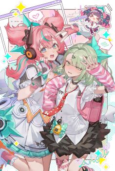 Rule 34 | > <, 3girls, :d, ^ ^, angels of delusion, aqua streaks, aria (zenless zone zero), arm warmers, bangboo (zenless zone zero), bare back, black hair, black skirt, black thighhighs, blush, boots, center frills, chibi, closed eyes, collared shirt, colored inner hair, commentary request, crossed bangs, dress, earrings, fingerless gloves, frills, full body, fur-trimmed skirt, fur-trimmed sleeves, fur trim, gloves, green eyes, green hair, green halo, hair between eyes, halo, highres, holding, holding megaphone, jewelry, leg up, leg warmers, mechanical ears, megaphone, misu (miisuuu), multicolored hair, multiple girls, multiple hair clips, musical note earrings, nangong yu, necktie, open mouth, pink arm warmers, pink bag, pink gloves, pink hair, red eyes, red necktie, scar, scar on back, shirt, short twintails, skirt, smile, streaked hair, striped arm warmers, sunna (zenless zone zero), thighhighs, too many bows, twintails, v, v over eye, white boots, white dress, white shirt, white wings, wings, zenless zone zero