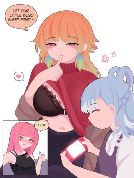 alternate_costume bare_shoulders blush breasts couple earrings family feather_earrings feathers female_pervert highres hololive hololive_english hololive_indonesia jewelry kobo_kanaeru large_breasts long_hair long_sleeves mori_calliope mother_and_daughter multicolored_hair multiple_girls open_mouth pervert pink_hair purple_eyes simple_background takanashi_kiara viqur virtual_youtuber wife_and_wife yuri