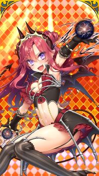 Rule 34 | 1girl, :d, argyle background, arm up, armpits, ass, asymmetrical legwear, bare shoulders, bat wings, belt, black gloves, black skirt, blush, boots, breasts, checkered background, checkered floor, choker, cleavage, cleavage cutout, clothing cutout, crop top, crown, demon girl, demon horns, demon wings, detached sleeves, dress, elbow gloves, fang, frilled skirt, frills, garter straps, giuniu, gloves, hair between eyes, heart, holding, holding weapon, horns, jewelry, lace, large breasts, layered skirt, long hair, looking at viewer, lucian luce, medium breasts, microskirt, midriff, mini crown, miniskirt, mismatched legwear, navel, open mouth, outstretched arm, panties, pink hair, pinstripe pattern, pleated skirt, pointy ears, polearm, puffy sleeves, purple eyes, red hair, short sleeves, sidelocks, sitting, skirt, sleeveless, small breasts, smile, solo, sparkle, stomach, tail, thighhighs, thighs, tiara, tile floor, tiles, twintails, two side up, uchi no hime-sama ga ichiban kawaii, underwear, v-shaped eyebrows, weapon, wings, zettai ryouiki