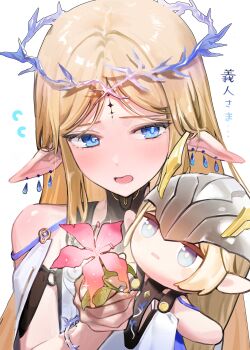 1girl absurdres averting_eyes bare_shoulders black_collar blonde_hair blue_eyes blush cartethyia_(wuthering_waves) collar commentary crown_of_thorns earrings fingernails flower flying_sweatdrops hand_puppet highres holding holding_flower jewelry long_hair okoge_(koge_chan) open_mouth parted_bangs pink_flower pointy_ears puppet solo symbol-only_commentary tacet_mark_(wuthering_waves) translation_request white_background wuthering_waves