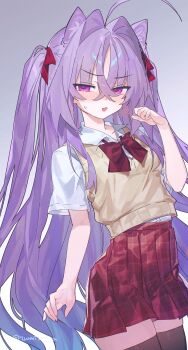 1girl ahoge animal_ears black_thighhighs blue_hair cat_ears collared_shirt commentary_request crossed_bangs funa_(sakana) gradient_hair grey_background hair_between_eyes hair_intakes hair_ribbon highres hunae_(funa_(sakana)) long_hair multicolored_hair open_mouth original plaid_clothes plaid_skirt pleated_skirt purple_eyes purple_hair red_ribbon red_skirt ribbon shirt short_sleeves sidelocks skirt solo sweatdrop sweater_vest thighhighs twitter_username two_side_up very_long_hair white_shirt yellow_sweater_vest