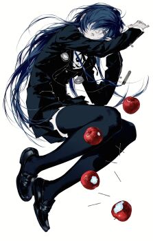 1girl absurdres apple black_jacket black_ribbon black_shoes black_skirt black_thighhighs blue_hair chinese_commentary commentary_request digital_walkman earphones_removed eyes_visible_through_hair food fruit full_body gekkoukan_high_school_uniform genderswap genderswap_(mtf) grey_eyes hair_over_one_eye highres jacket jing_zhi_kaoxiang_yu_re_zhong long_hair long_sleeves looking_at_viewer mixed-language_commentary mp3_player neck_ribbon parted_lips persona persona_3 pin pleated_skirt ribbon school_uniform shoes simple_background skirt solo thighhighs very_long_hair walkman_nw-s203f white_background yuuki_makoto_(persona_3) zettai_ryouiki