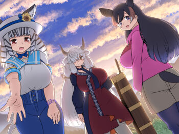 3girls animal_ears animal_print black_hair black_horns blush bow breasts brown_eyes brown_hair casual cow_ears cow_girl cow_horns cow_tail curvy dress extra_ears flower grey_horns hair_between_eyes hair_flower hair_ornament hair_over_one_eye highres horns huge_breasts kemono_friends kemono_friends_3 large_breasts long_hair long_sleeves looking_at_viewer mo23 mountain_tapir_(kemono_friends) mountain_zebra_(kemono_friends) multicolored_hair multicolored_horns multiple_girls open_mouth pantyhose ribbon scarf shirt short_sleeves skirt smile tail tapir_ears tapir_girl tapir_tail twintails two-tone_hair very_long_hair white_hair yak_(kemono_friends) zebra_ears zebra_girl zebra_print zebra_tail