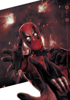 2boys beckoning black_gloves bodysuit brilcrist commentary deadpool deadpool_&amp;_wolverine deadpool_(series) english_commentary fire gloves instagram_username male_focus marvel multicolored_bodysuit multiple_boys muscular open_hand out_of_frame outstretched_arm outstretched_hand pov pov_hands red_bodysuit red_mask superhero_costume tumblr_username twitter_username two-tone_bodysuit wolverine_(x-men)