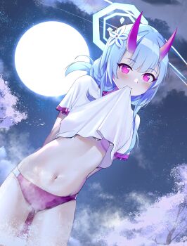 1girl absurdres alternate_costume arms_behind_back blue_archive blue_hair blush breasts buruma cherry_blossoms chise_(blue_archive) clothes_lift flower full_moon gym_uniform hair_flower hair_ornament halo highres horns lifting_own_clothes long_hair looking_at_viewer moon mouth_hold navel night night_sky oni outdoors purple_eyes red_eyes shirt shirt_lift short_sleeves sky solo star_(sky) stomach weeyi white_shirt