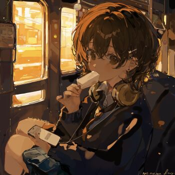 1girl brown_eyes brown_hair brown_necktie ear_piercing eyelashes fei_yi_yi fingernails food hair_between_eyes hair_ornament hairclip headphones headphones_around_neck highres holding holding_food holding_ice_cream holding_phone ice_cream jacket long_sleeves looking_at_viewer medium_hair necktie original phone piercing school_uniform shirt signature sitting solo square train_interior white_shirt