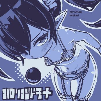 1girl backbeako_(torotei) backbeard blue_background blue_theme blush bra breasts commentary cowboy_shot dated dated_commentary frilled_thighhighs frills garter_belt gegege_no_kitarou gloves hair_over_one_eye kono_lolicon_domome lace lace-trimmed_bra lace_trim leaning_forward loli long_hair looking_at_viewer maid_headdress monochrome navel original paid_reward_available panties pointy_ears simple_background small_breasts solo thighhighs torotei translated twintails underwear underwear_only watermark web_address