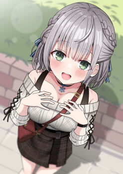 1girl absurdres black_choker black_skirt blush breasts choker cleavage commentary_request green_eyes grey_sweater hands_on_own_chest highres hololive hosinonana large_breasts looking_at_viewer medium_hair official_alternate_costume open_mouth shirogane_noel shirogane_noel_(casual) skirt smile solo sweater teeth upper_teeth_only virtual_youtuber